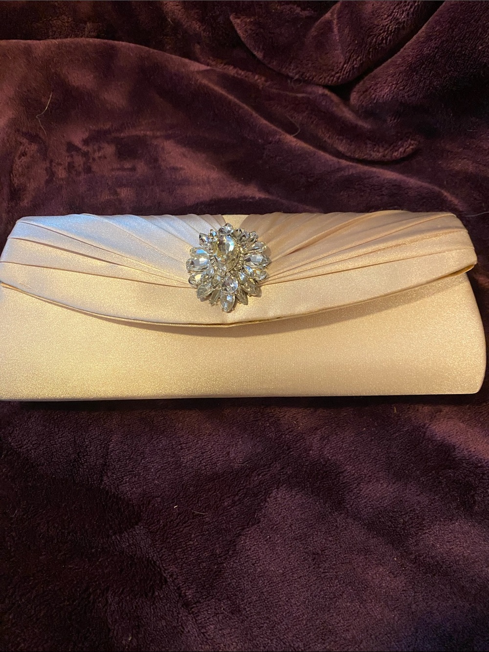 Champagne Satin Evening Clutch with Crystal Accent